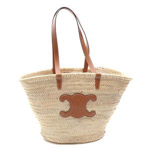 CELINE Tote Bag Triomphe Classic Pannier Women's Tan Raffia Calfskin Shoulder